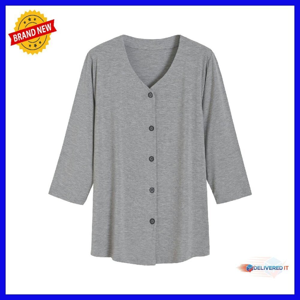 Soft Bamboo Viscose 3/4 Sleeve Button Up Pajama Top V Neck Sleep Shirt